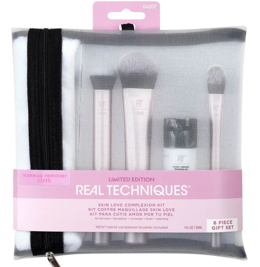 Real Techniques Skin Love Complexion Kit  Set brochas con gel limpiador incluye estuche
